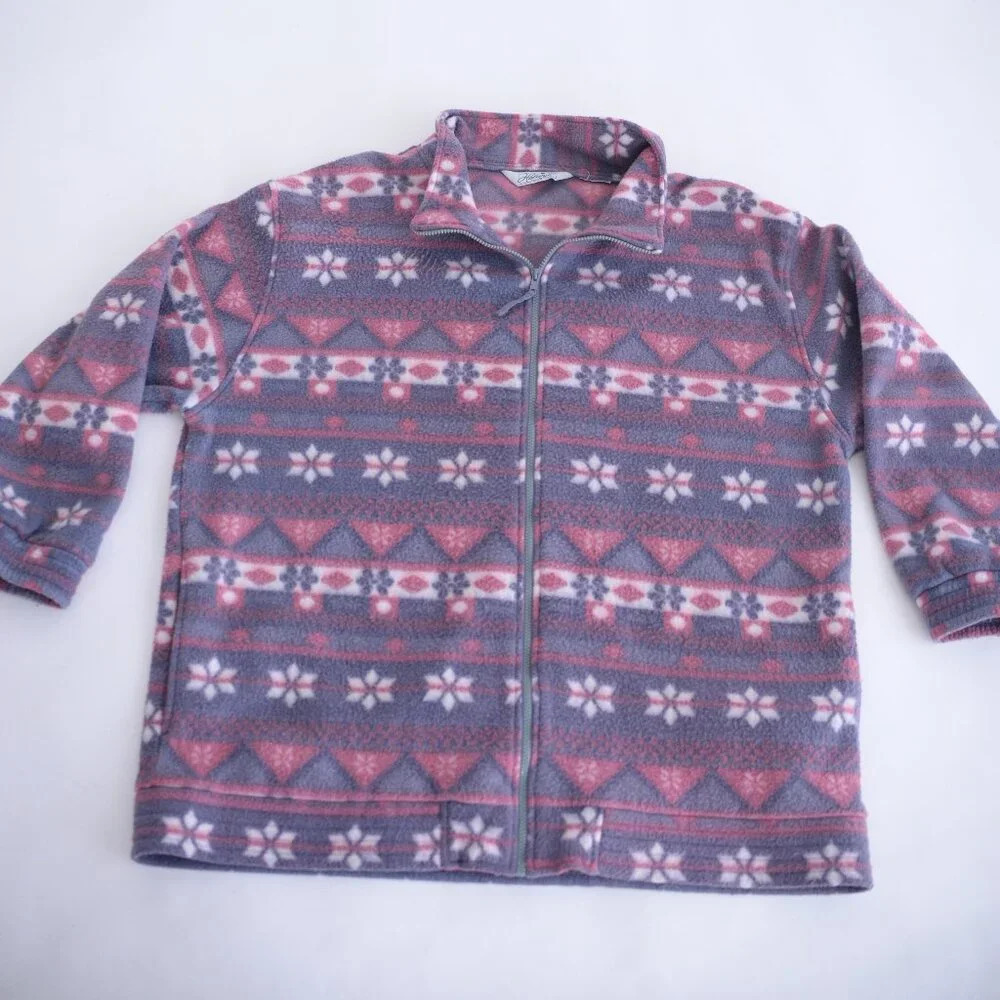 Vintage Haband Grey Pink Snowflake Fleece Festive Holiday Zip Up Sweater LG